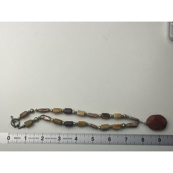 Sterling Silver Real Pearl Ceramic & Stone Necklace Toggle Clasp 16" Fall Colors - Picture 2 of 12